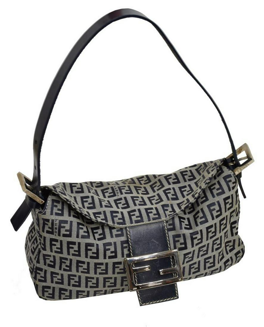 FENDI NAVY ZUCCA MONOGRAM CANVAS BAGUETTE FLAP BAG (1 of 4)