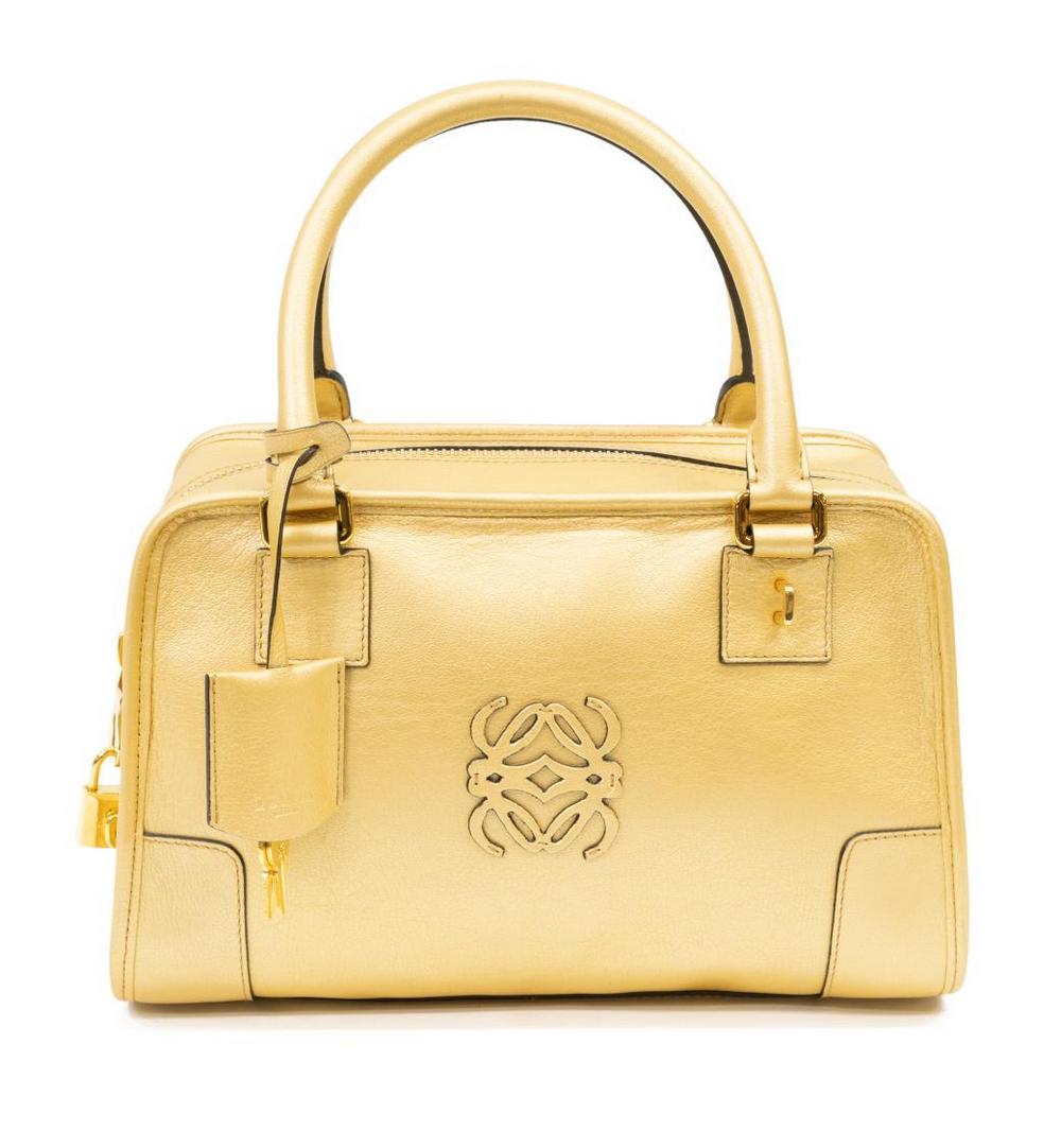 LOEWE 'AMAZONA 27' METALLIC GOLD LEATHER HANDBAG: Loewe "Amazona 27" handbag, in metallic gold smooth leather, with gold-tone hardware, dual rolled handles, single interior slit and zip pockets, zip closure at top, retaining branded dustbag, lock, ke