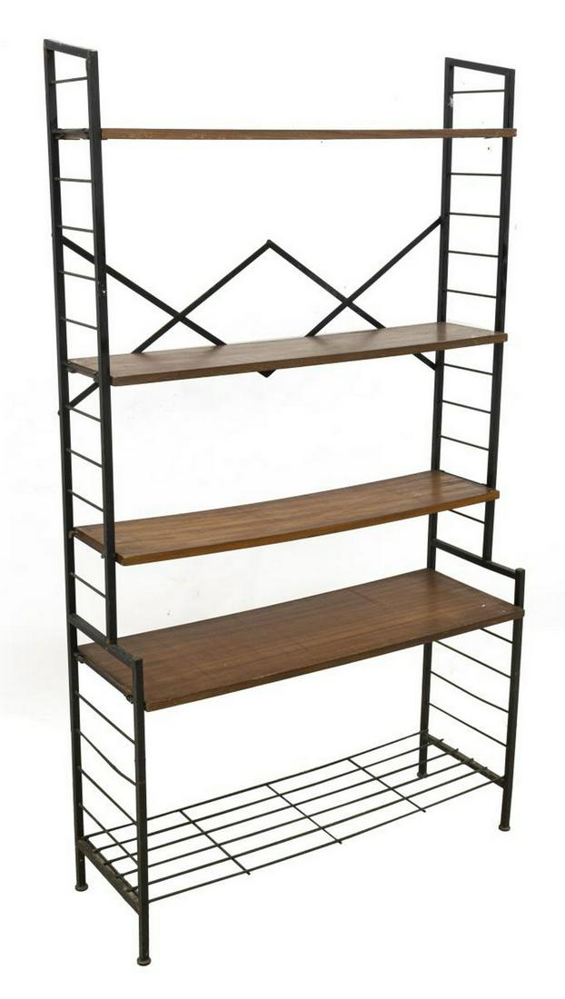 ITALIAN MID-CENTURY MODERN TEAK & IRON BOOKCASE: Italian mid-century modern teak bookcase, c.1960s, four shelves, with bottom shelf extending farther than upper three, having black iron supports to back and sides, approx 60.25"h, 32.75"w, 12"d Start