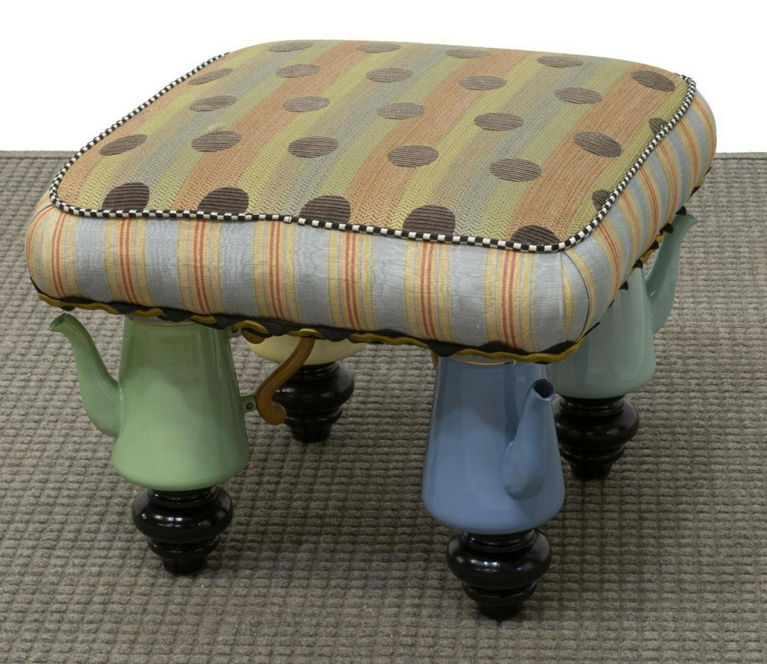 MACKENZIE-CHILDS POLKA DOT STOOL W/TEA KETTLE LEGS: Mackenzie-Childs stool, having polka dot upholstered seat, with checkered and fabric trim, rising on legs fashioned from tea kettles, on ball feet, approx 15.5"h, 20"w, 20"d Start Price: $80.00