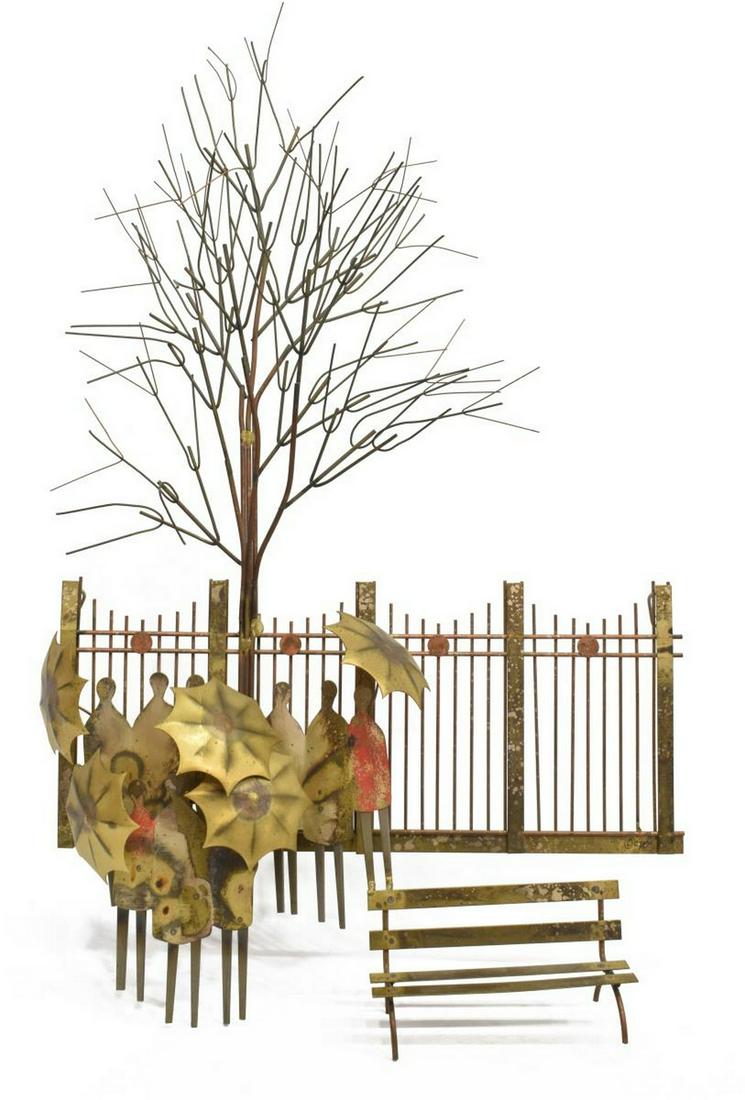 CURTIS JERE 'BUS STOP' GILT METAL WALL SCULPTURE: Mid-century modern metal sculpture, "Bus Stop," signed lower right CJere (Curtis Jere, Artisan House, a combination of its' founder names Kurtis Freiler, c.1910-2013 and Jerry Fels 1917-2007), approx