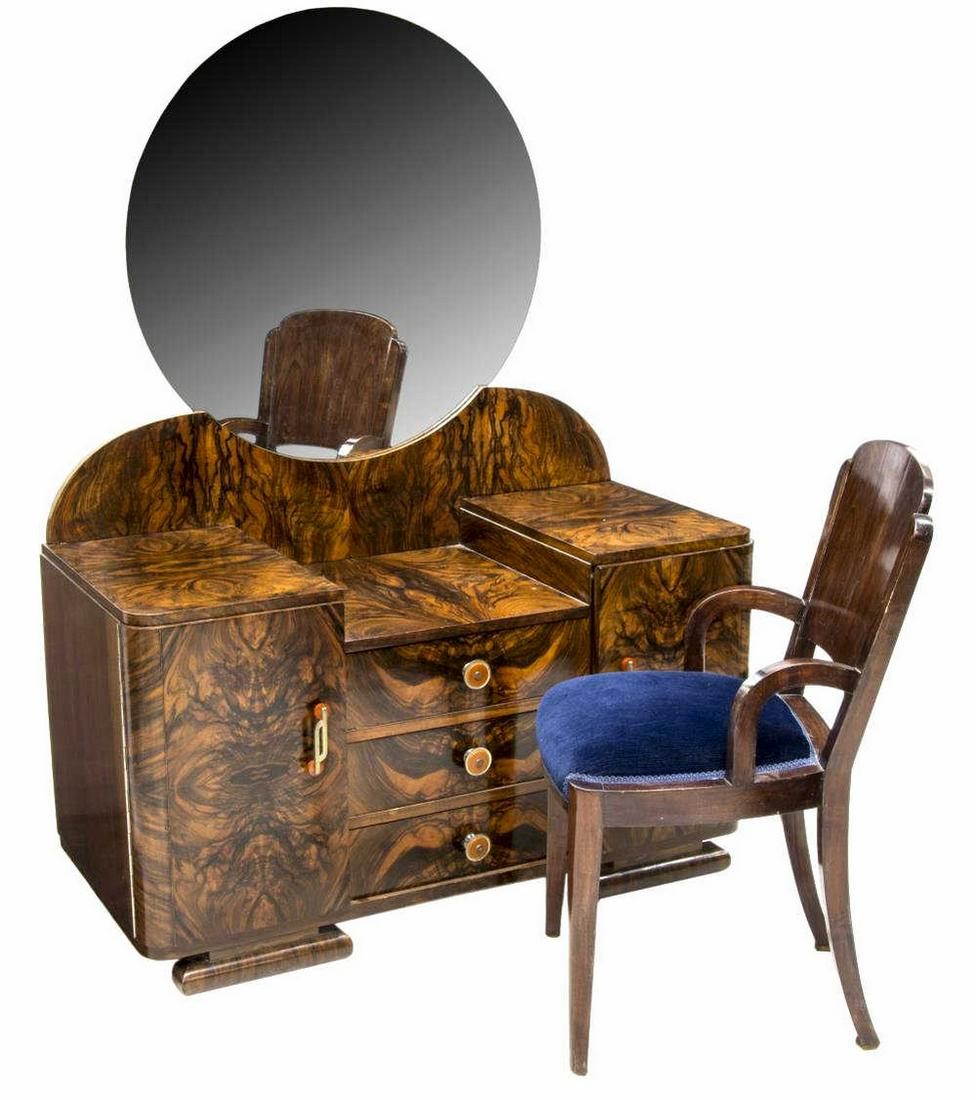 2)FRENCH ART DECO MACASSAR MIRRORED VANITY & CHAIR: (lot of 2) French Art Deco vanity and chair, c.1930s, including: (1) macassar ebony vanity, with circular flat mirror plate, over stepped tabletop, case fitted with three center drawers flanked by cab