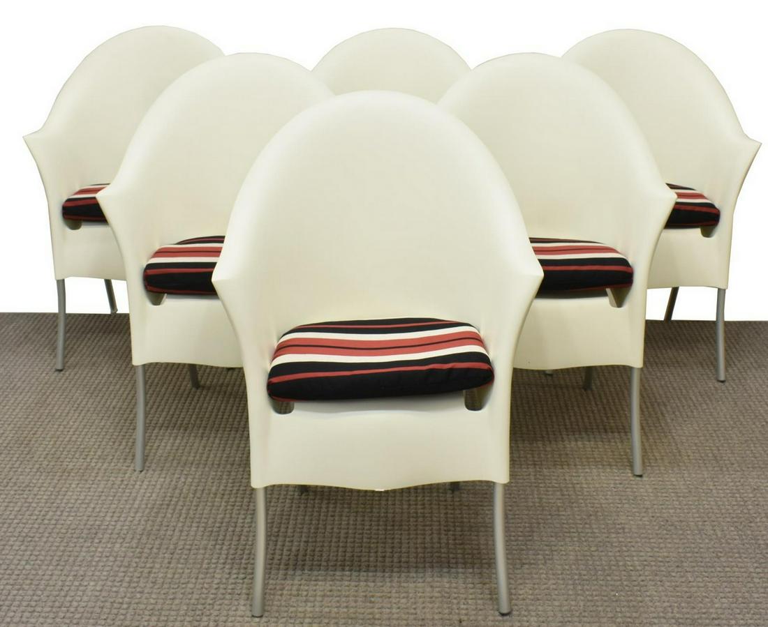(6) PHILIP STARCK 'LORD YO' STACKABLE ARMCHAIRS: (lot of 6) "Lord Yo" stackable armchairs, designed by Philip Starck (French, b.1959) for Driade Aleph, Italy, molded white polypropylene with later removable seat cushion, rising on aluminum frame wit