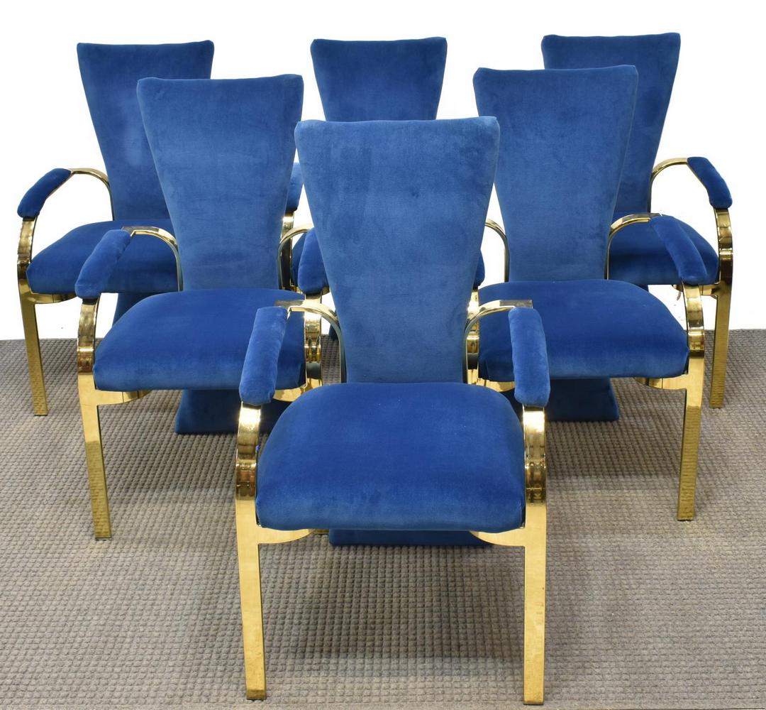 (6) HOLLYWOOD REGENCY STYLE CHAIRS, MILO BAUGHMAN: (lot of 6) Hollywood Regency style high back dining chairs, c.1980s, based on a design by Milo Baughman (1923-2003) for Thayer Coggin Inc., the blue polyester fabric encompassed by a brass plated stee
