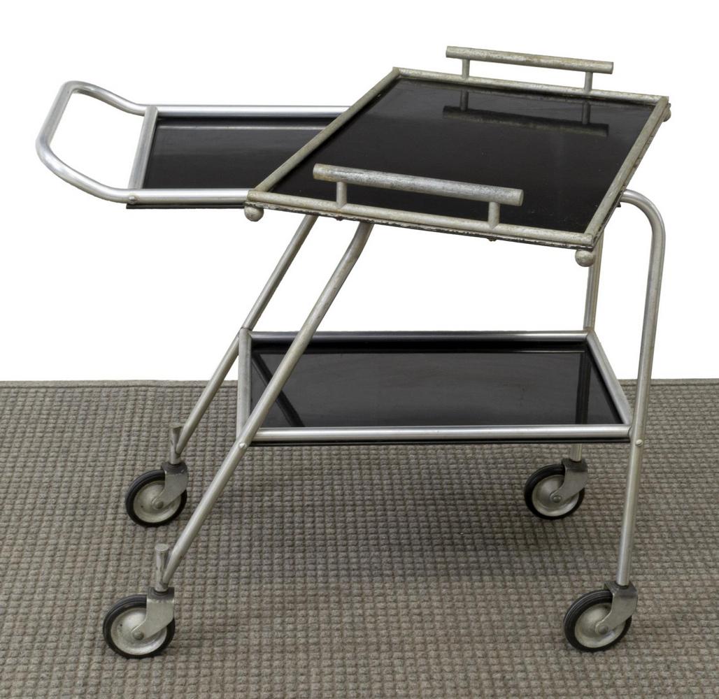2) FRANTZ INDUSTRIES AERO ART PRODUCT SERVICE CART: (lot of 2) Art Deco Aero Art Product service cart, developed by Frantz Industries in 1938 for use on the DC-3 airplane, having tubular aluminum frame, with two tiers, on wheels, approx 30.5"h, 32"w, 1