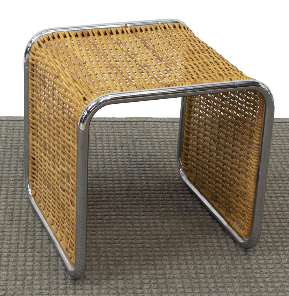 MANNER OF VAN DER ROHE MID-CENTURY CANE STOOL: Mid-century modern stool, in the manner of the "MR" stool designed by Ludwig Mies van der Rohe (Germany, United States, 1886-1969), chromed steel frame, with woven cane seat and sides, approx 16.75"h,
