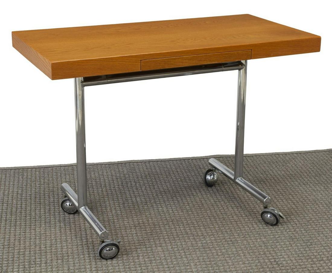 MID-CENTURY MODERN EICHENBERGER 'OMEGA' TABLE: Mid-century modern "Omega" side table, c.1960s, designed by Hans Eichenberger (Switzerland, b.1926), distributed through Stendig, rectangular oak top, over a single frieze drawer, all rising on chrome