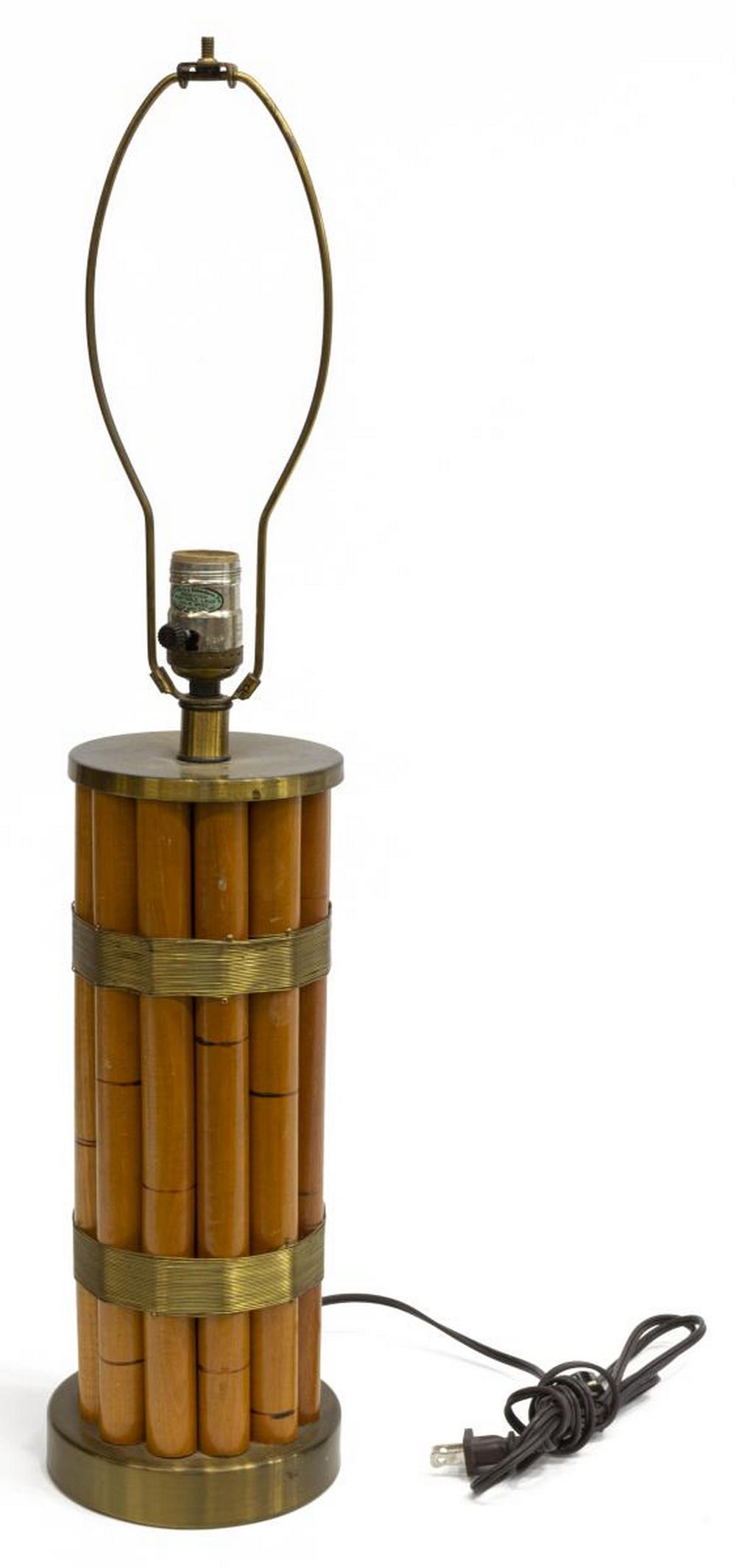 RUSSEL WRIGHT MID-CENTURY BAMBOO BRASS TABLE LAMP: Mid-century modern table lamp, designed by Russel Wright (United States, 1904-1976), c.1940s-1950s, with wire-wrapped bamboo standard, brass base, later fabric shade, lacking finial, approx 17.5"h (to