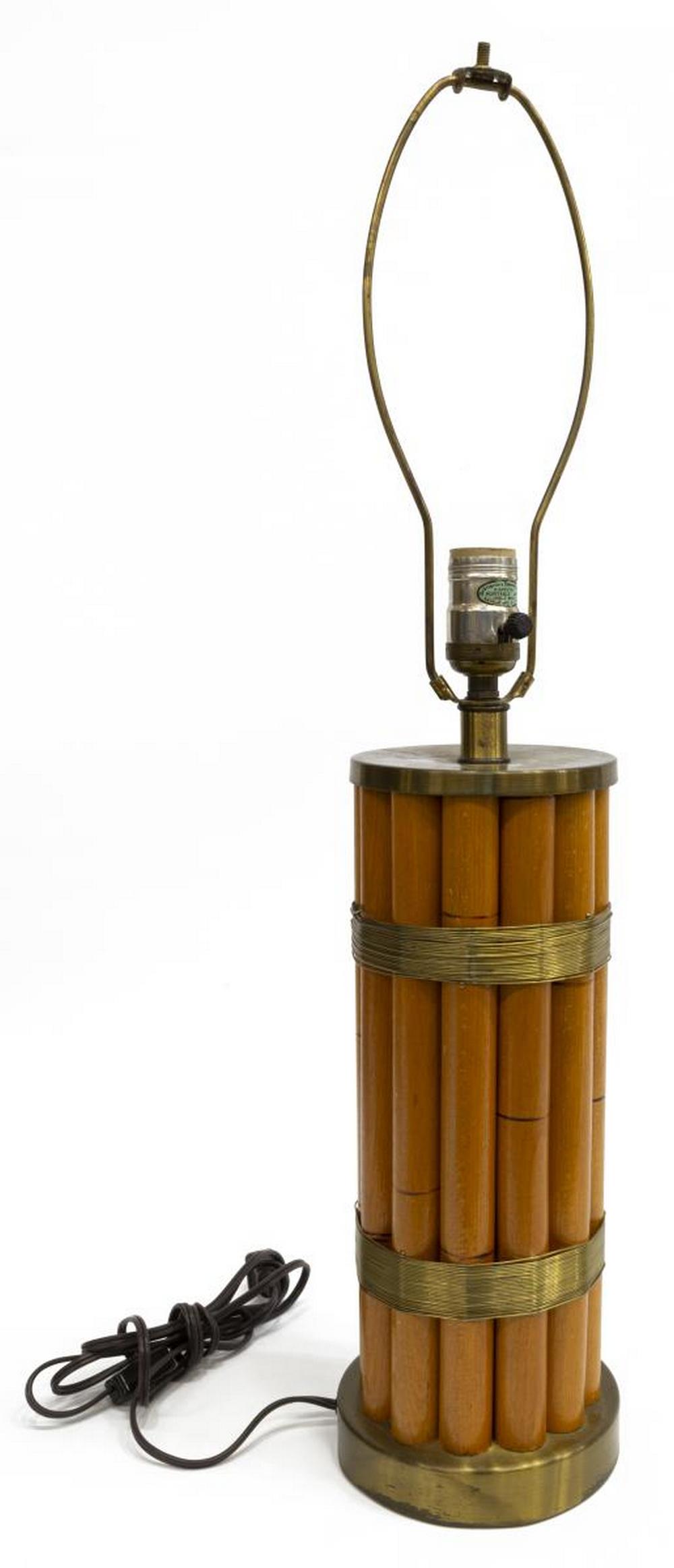 RUSSEL WRIGHT MID-CENTURY BAMBOO BRASS TABLE LAMP: Mid-century modern table lamp, designed by Russel Wright (United States, 1904-1976), c.1940s-1950s, with wire-wrapped bamboo standard, brass base, later fabric shade, approx 17.5"h (to top of socket),