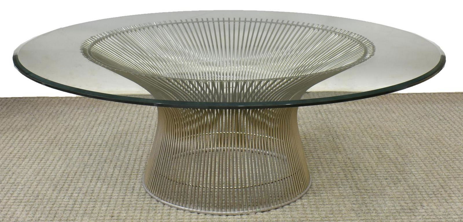 WARREN PLATNER KNOLL GLASS-TOP STEEL COFFEE TABLE: Modernist Platner Collection coffee table, designed by Warren Platner (American, 1919-2006) for Knoll, circular glass top with beveled edge, pedestal base with nickel-finished steel rods, approx 15.25