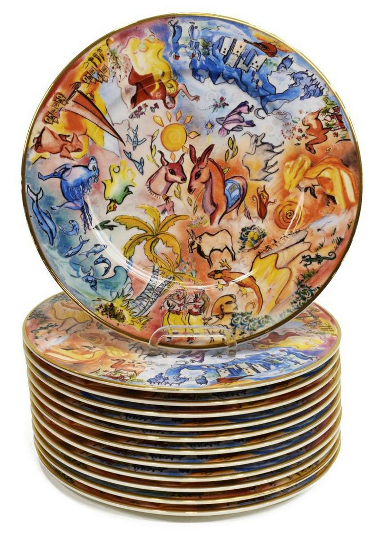 (12) VILLEROY & BOCH CHAGALL-INSPIRED CHARGERS: (lot of 12) Villeroy & Boch porcelain plates, from the Crystal Serenity Inaugural Sailing, July 2003, with gilt rim, printed design inspired by Marc Chagall, approx 12"diam; 27lbs total Start Price: $