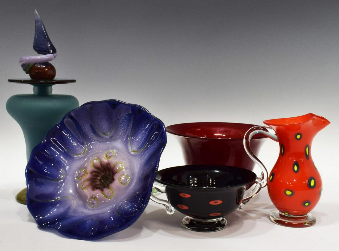 (5) CONTEMPORARY ART GLASS TABLEWARE, ORNAMENTS: (lot of 5) Contemporary art glass, including: (1) sculptural vessel, signed E.. B...(?), dated 1994, restoration to top ornament, approx 11.25"h, 4.25"diam, (1) small red pitcher, signed P.....(?), da