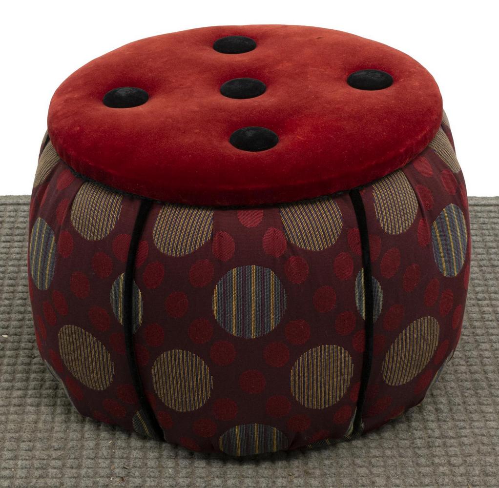 MACKENZIE-CHILDS POLKA DOT STORAGE FOOT STOOL: Mackenzie-Childs storage foot stool, having removable red upholstered seat cushion, in polka dot pattern, opening to reveal striped interior storage, exterior having varied polka dots, in vertical str