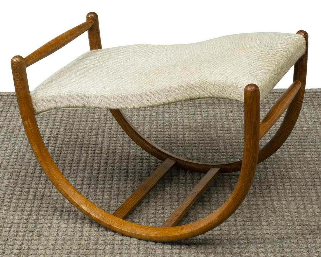 DANISH MID-CENTURY MODERN ROCKING OAK STOOL: Danish mid-century modern oak stool, c.1950s, fabric upholstered top, on rocking base, approx 15"h, 20.5"w, 11.5"d Start Price: $50.00
