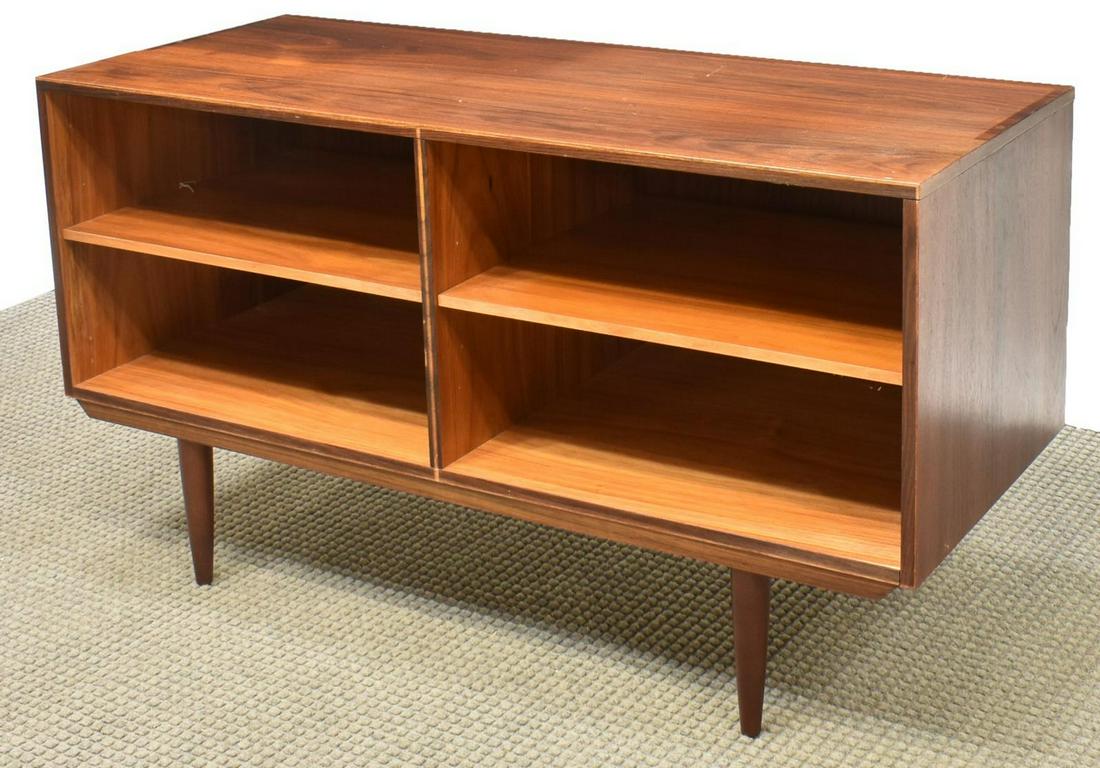 DANISH MID-CENTURY MODERN LOW ROSEWOOD BOOKCASE: Danish mid-century modern rosewood low bookcase, c.1960s, having rectangular case, vertical central divide, two adjustable shelves to either side, tonal variation, filled dowel holes to top, approx 26