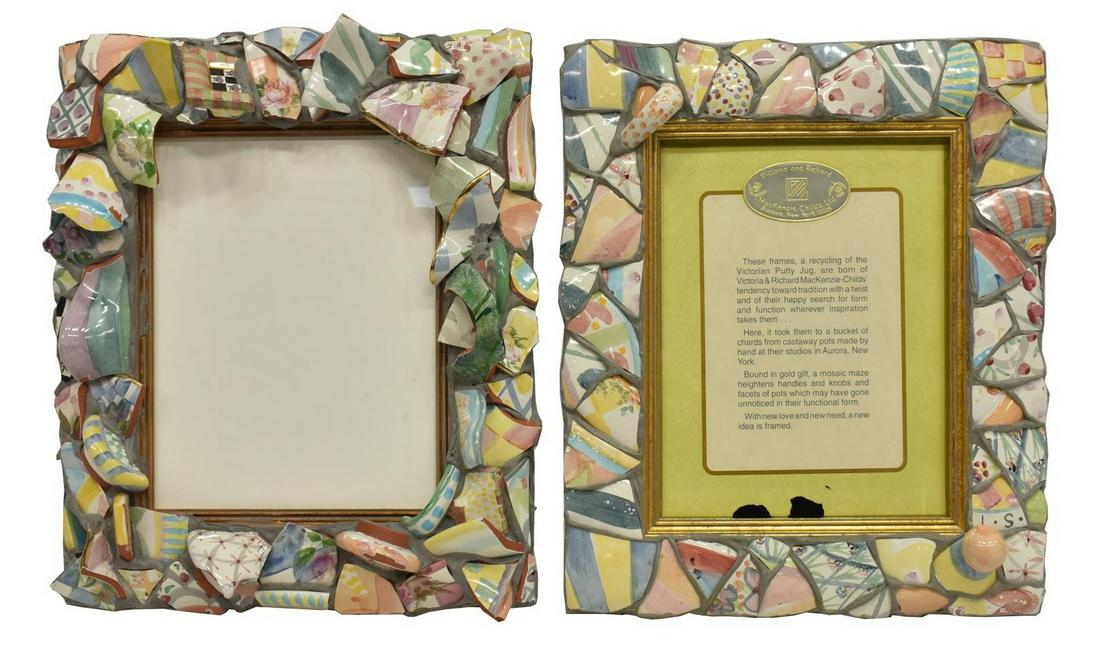 (2) MACKENZIE-CHILDS VICTORIAN PUTTY JUG FRAMES: (lot of 2) Victorian Putty Jug picture frames, Victoria and Richard Mackenzie-Childs Ltd., fashioned from hand-painted china shards, (one) with easel back, (one) with wall-hanging hardware, sight: app