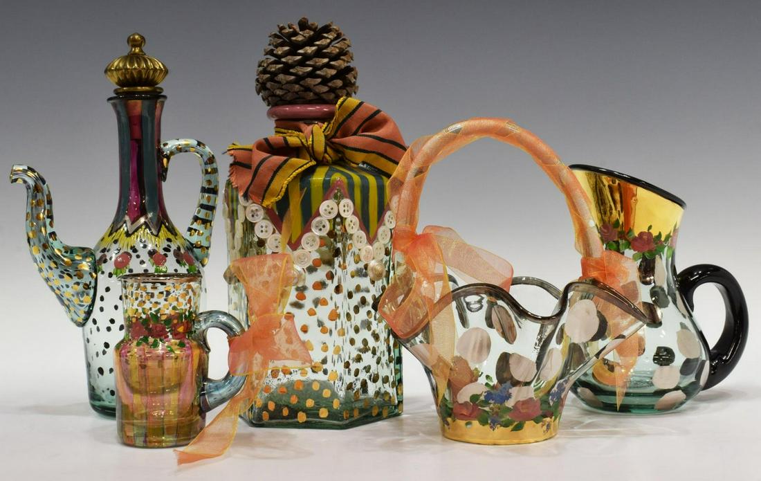 (5) MACKENZIE-CHILDS PAINTED GLASS TABLEWARE: (lot of 5) Mackenzie-Childs art glass tableware, hand-painted polka dot pattern, with gilt accents, including: (1) small decanter, having pine cone cork stopper, bow at neck, in hexagonal form, with v