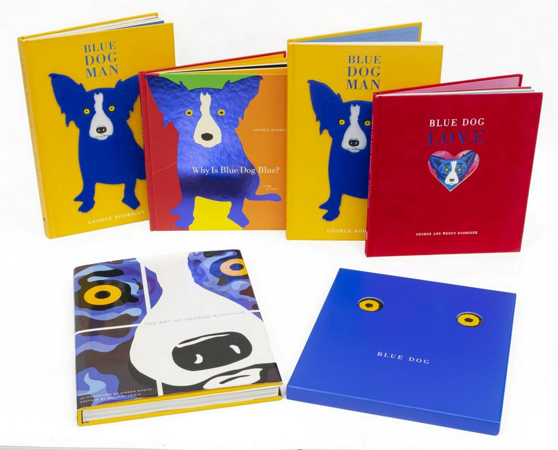(6) GEORGE RODRIGUE 'BLUE DOG' SIGNED BOOKS: (lot of 6) Collection of signed George Rodrigue "Blue Dog" books, titles include: (2) "Blue Dog Man," George Rodrigue and Tom Brokaw, (one) with original dog doodle, (1) "Why is Blue Dog Blue?," Georg