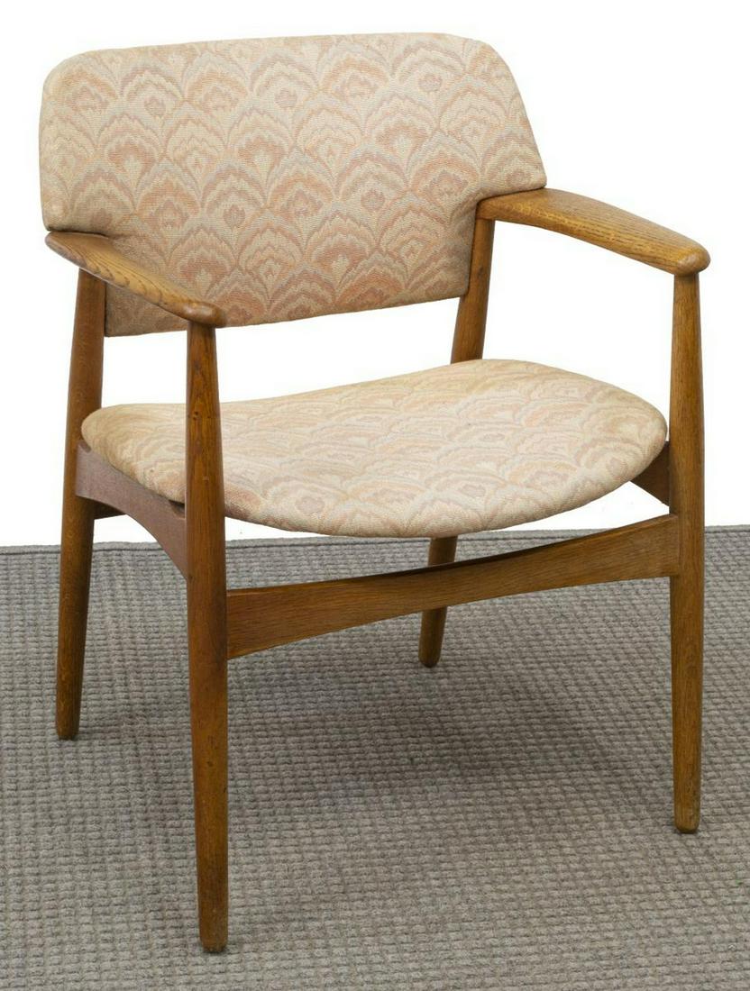 DANISH MID-CENTURY FRITZ HANSEN 4205 OAK ARMCHAIR: Danish mid-century modern armchair, model 4205, designed by Ejner Larsen (Danish, 1917-1987) and Aksel Bender Madsen (Danish, 1916-2000) for Fritz Hansen, c.1960s, oak frame, padded back and seat in l