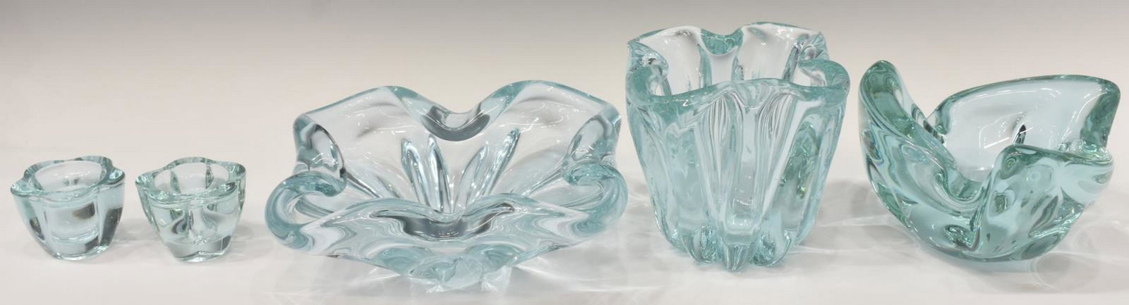 (5) MID-CENTURY AQUA BLUE ART GLASS TABLEWARE: (lot of 5) Aqua blue art glass tableware, mid 20th c., including: (1) bowl, acid-etched mark Sevres France, approx 4.25"h, 6.75"w, (1) bowl, approx 3.5"h, 10.5"w, (1) flower vase, approx 5.5"h, 6.5"w,