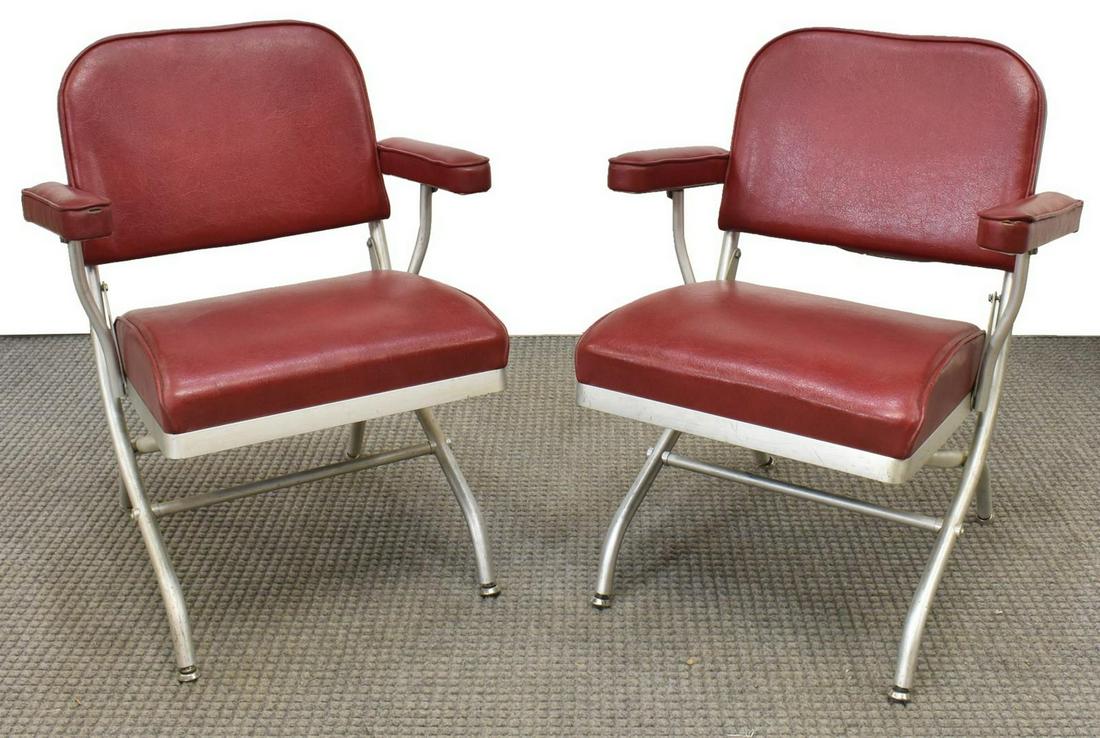 (2) WARREN McARTHUR MAYFAIR FOLDING CHAIRS: (lot of 2) Mid-century modern folding chairs, designed by Warren McArthur (United States, 1885-1961) for Mayfair Industries, c.1940s-1950s, having tubular aluminum frame, with red vinyl upholstery, ap