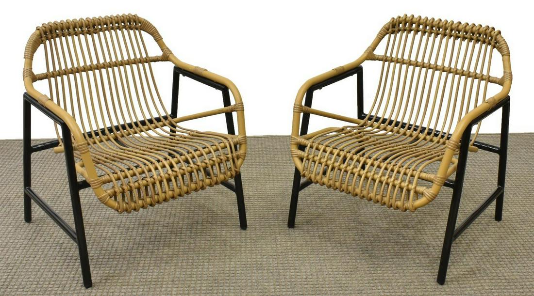 (2) FAUX BAMBOO LOUNGE CHAIRS: (lot of 2) Faux bamboo lounge chairs in metal, the seat with a brown finish, the framed and straight legs in black, approx 28"h, 23.5"w, 27"d Start Price: $80.00