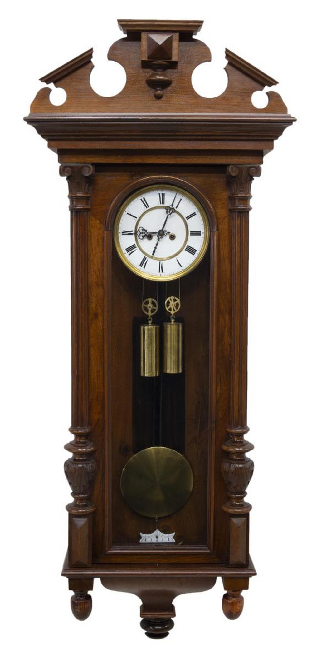 GEBRUDER RESCH TWO WEIGHT REGULATOR WALL CLOCK: Vienna regulator wall clock, Gebruder Resch (GR), Ebensee, Austria, late 19th c., having walnut case with raised pediment crown, fluted columnar pilasters, glazed door and side panels, housing white e