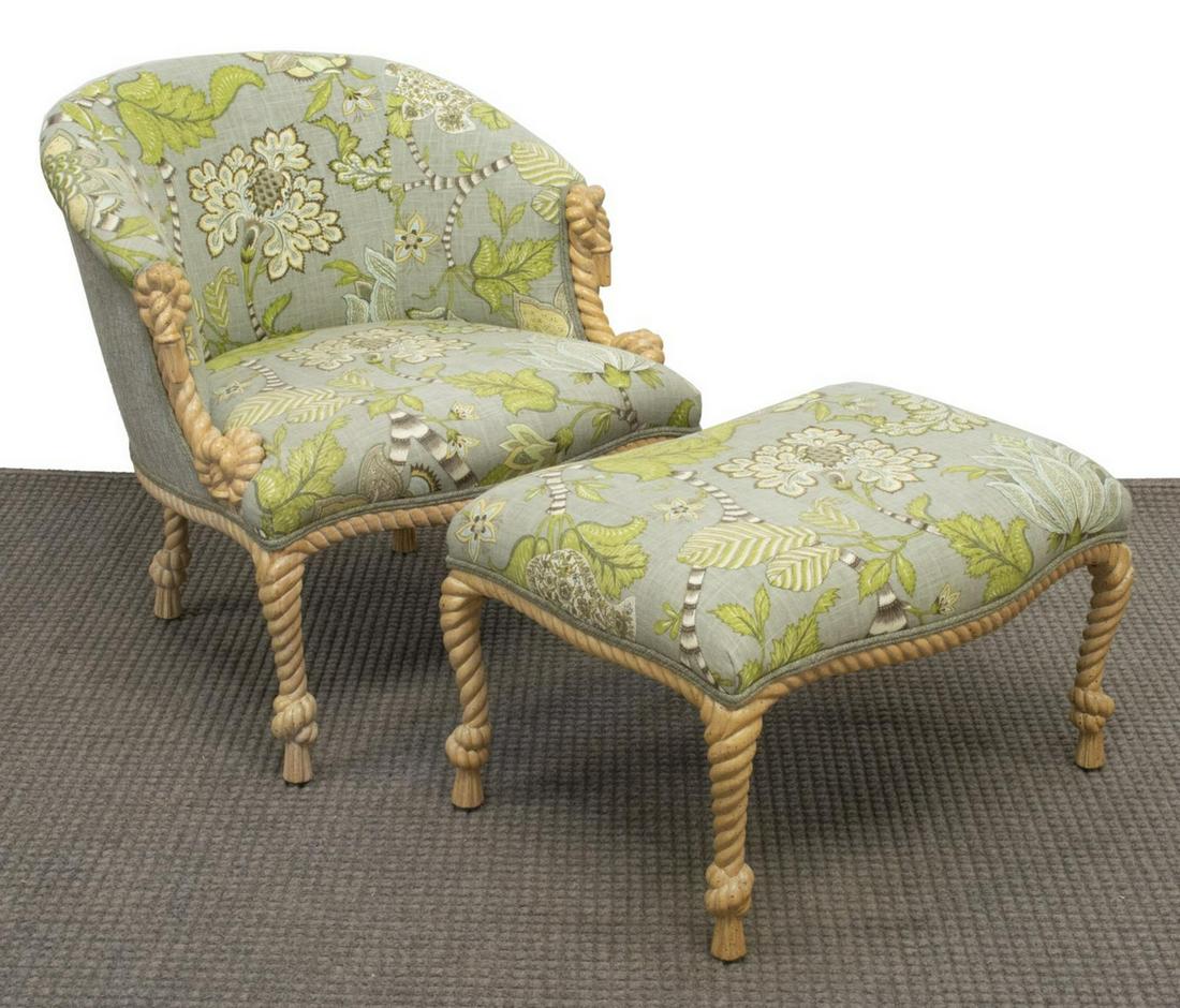 (2) CLASSIC TRADITIONS ARMCHAIR & OTTOMAN: (lot of 2) Contemporary seating group, Classic Traditions, High Point, North Carolina, late 20th c., with rope twist frame, floral patterned upholstery, including: (1) armchair, approx 30"h, 28"w, 24"