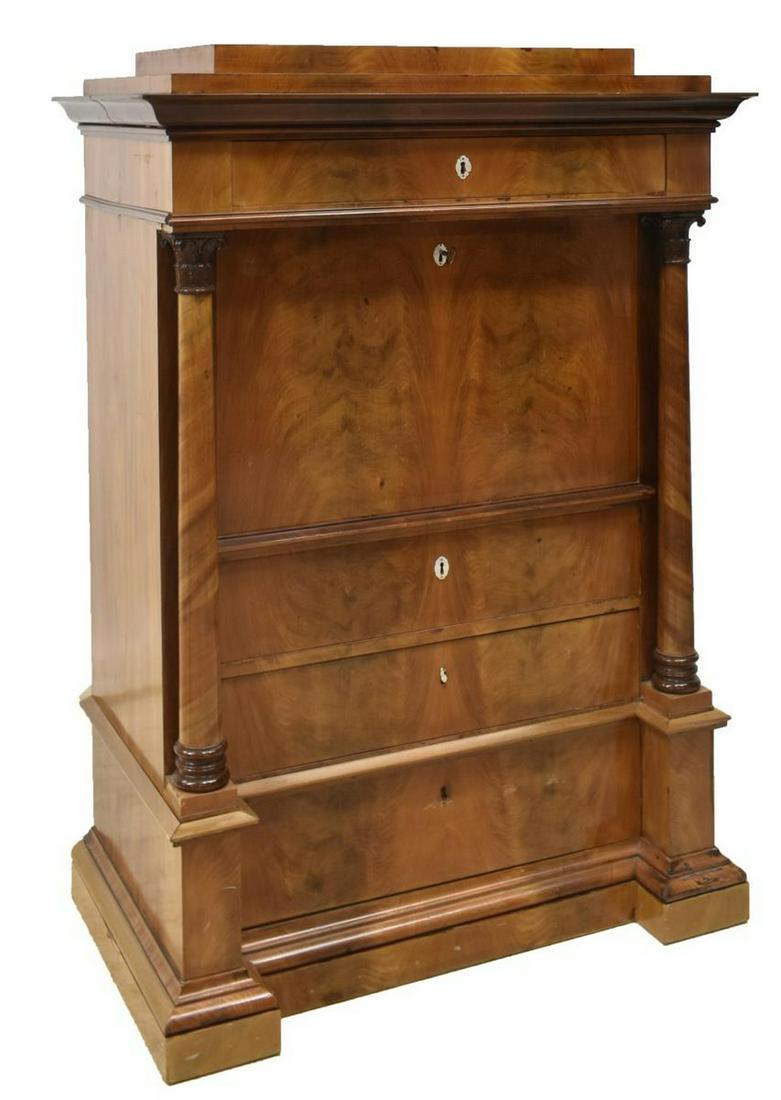DANISH BIEDERMEIER STYLE MAHOGANY SECRETARY: Danish Biedermeier style mahogany secretary, late 19th c., stepped top, single drawer with mother of pearl escutcheon, fall-front desk, well-appointed interior gallery with drawers and small cabinet, 