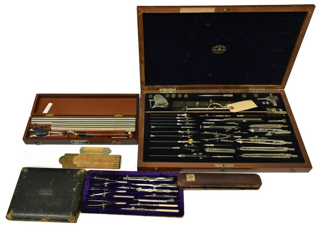 (LOT) CASED DRAFTING TOOLS, COMPASS SETS, ETC.: (lot) Antique to vintage drafting tools, many housed in original cases, including: (1) extensive compass set, Pracisions Reisszeug Chemnitz, (1) Keuffel & Esser Co. Leroy letting and symbols set, (1)