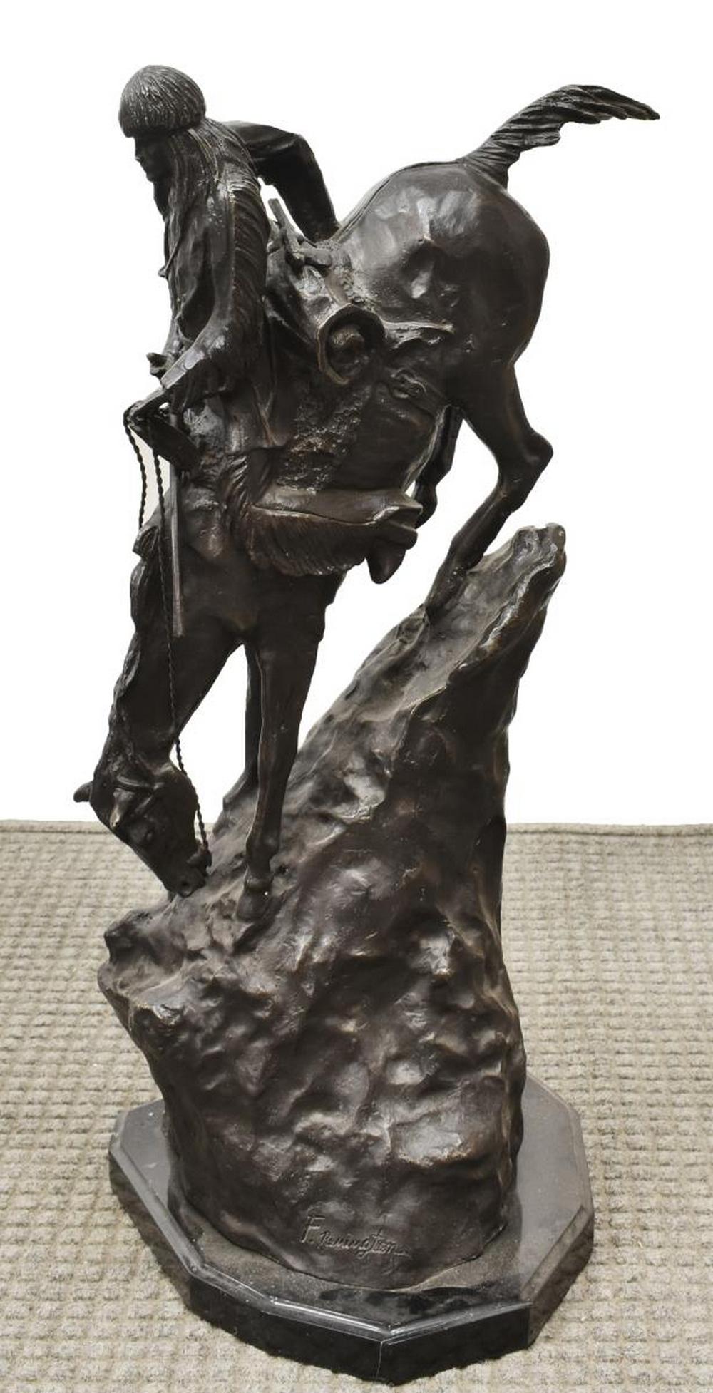 AFTER F. REMINGTON BRONZE 'MOUNTAIN MAN' SCULPTURE: Western patinated bronze sculpture, "Mountain Man," after the original 1907 work by Frederic Sackrider Remington (New York, 1861-1909), rising on marble base with brass plaque to front, overall: 27"h,