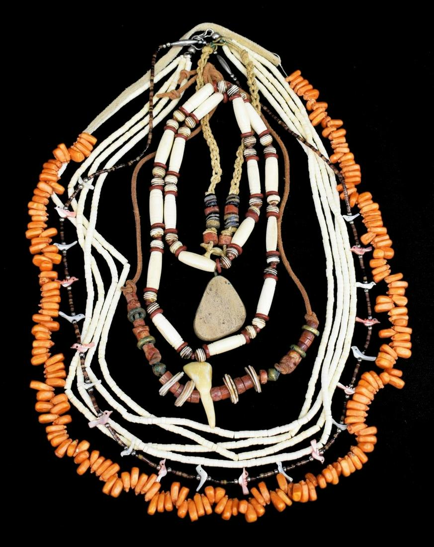 COLLECTION SOUTHWEST & OTHER NECKLACES, BONE: (lot) Collection of estate Southwest Native American and other style necklaces, most Taos, NM, including (1) strung corn necklace with leather strap, (1) single strand bird fetish necklace, mother-of-