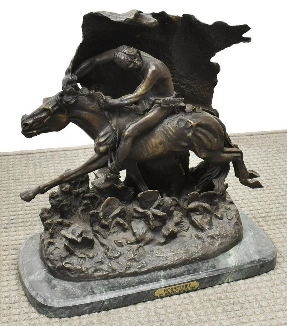 AFTER F. REMINGTON BRONZE 'HORSE THIEF' SCULPTURE: Western patinated bronze sculpture, "Horse Thief," after the original by Frederic Sackrider Remington (New York, 1861-1909), rising on marble base with brass plaque to front, approx 21"h, 20"w, 10"d, 
