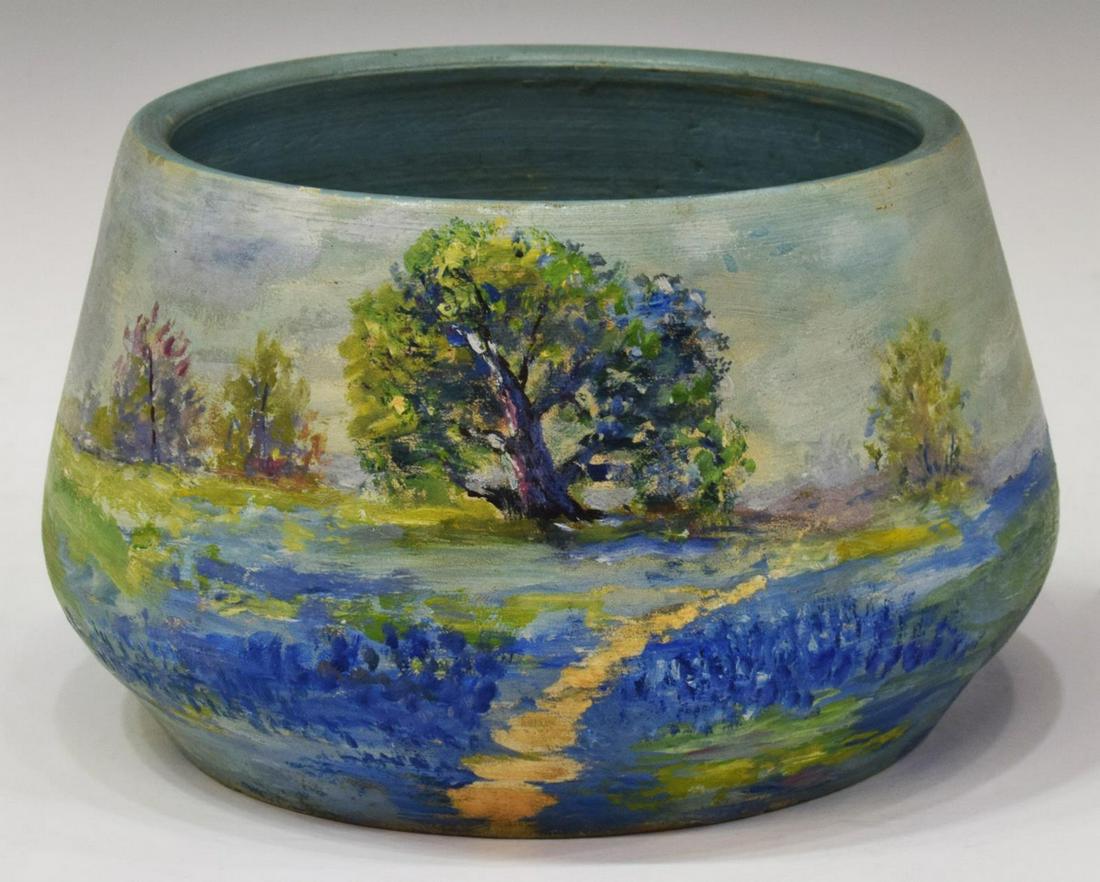 TEXAS MEYER POTTERY BLUEBONNET BOWL, SIGNED, 1930: Texas Meyer pottery bowl, San Antonio, 1887-1962, hand-painted landscape scenery with bluebonnets, live oak trees, artist signed M. Kirby, dated 1930, approx 4.25"h, 6.5"diam, 2lbs Start Price: $60.00