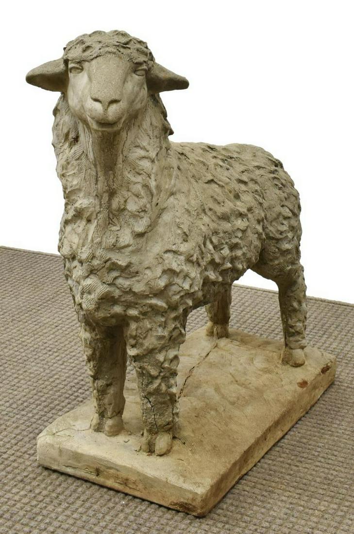 GARDEN STATUARY CAST CONCRETE SHEEP SIGNED B EVANS: Cast concrete garden statuary of a standing lamb, signed B. Evans on rectangular base, some cracks and losses, approx 33"h, base: approx 25"w, 14"d Start Price: $150.00