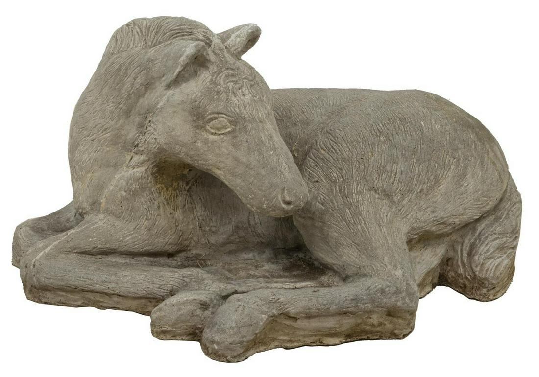 CAST CONCRETE GARDEN STATUE RECLINING FOAL: Cast concrete garden stature of a reclining horse, approx 12"h, 22"w, 16"d Start Price: $100.00