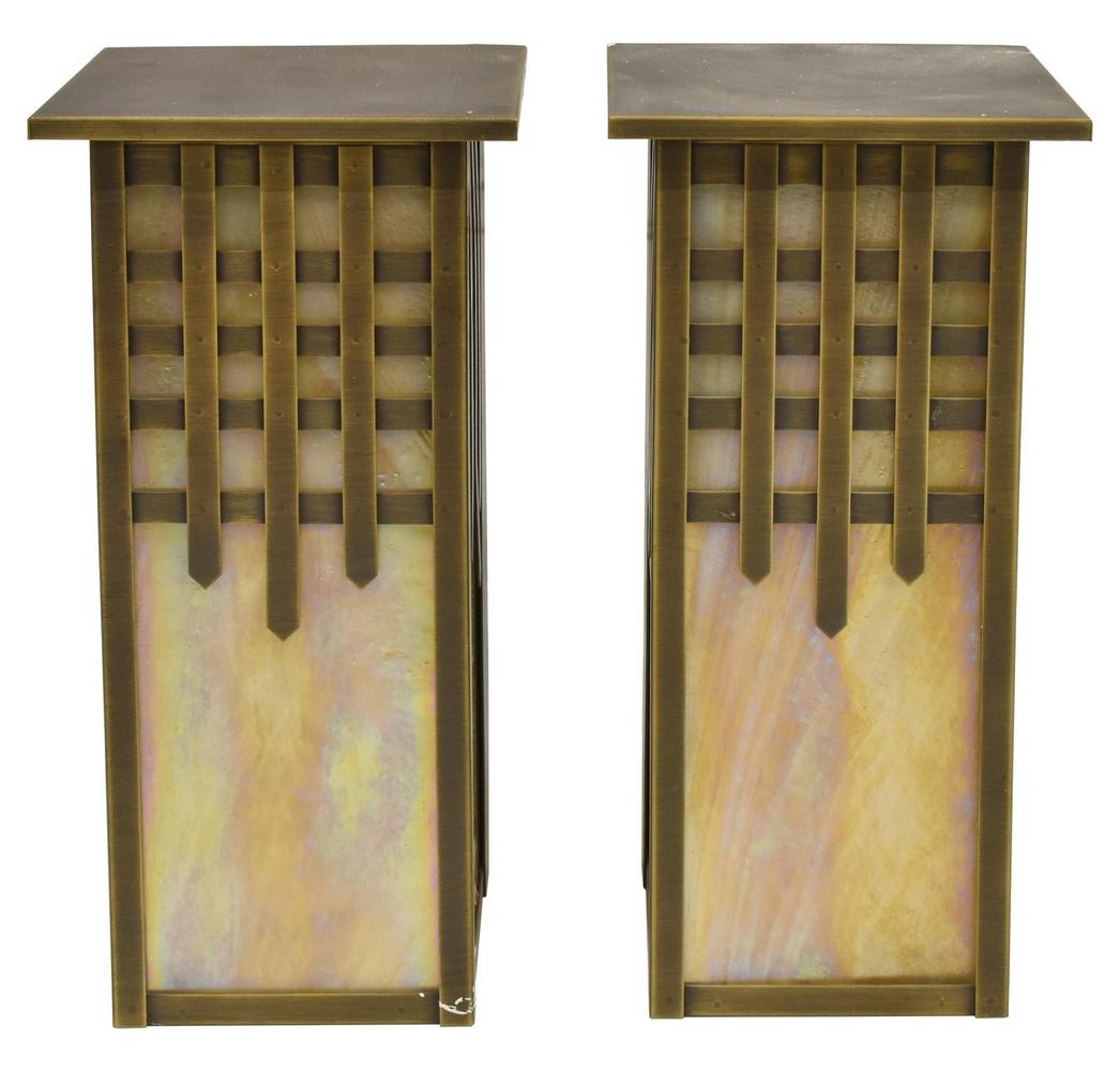 2) ARTS & CRAFTS STYLE CASTLE GATE WALL SCONCES: (pair) Arts and Crafts style hanging lantern sconces, Brass Light Gallery, Milwaukee, each in "Castle Gate" pattern, having one interior light, iridescent slag glass panes, in metal frame, approx 11.2