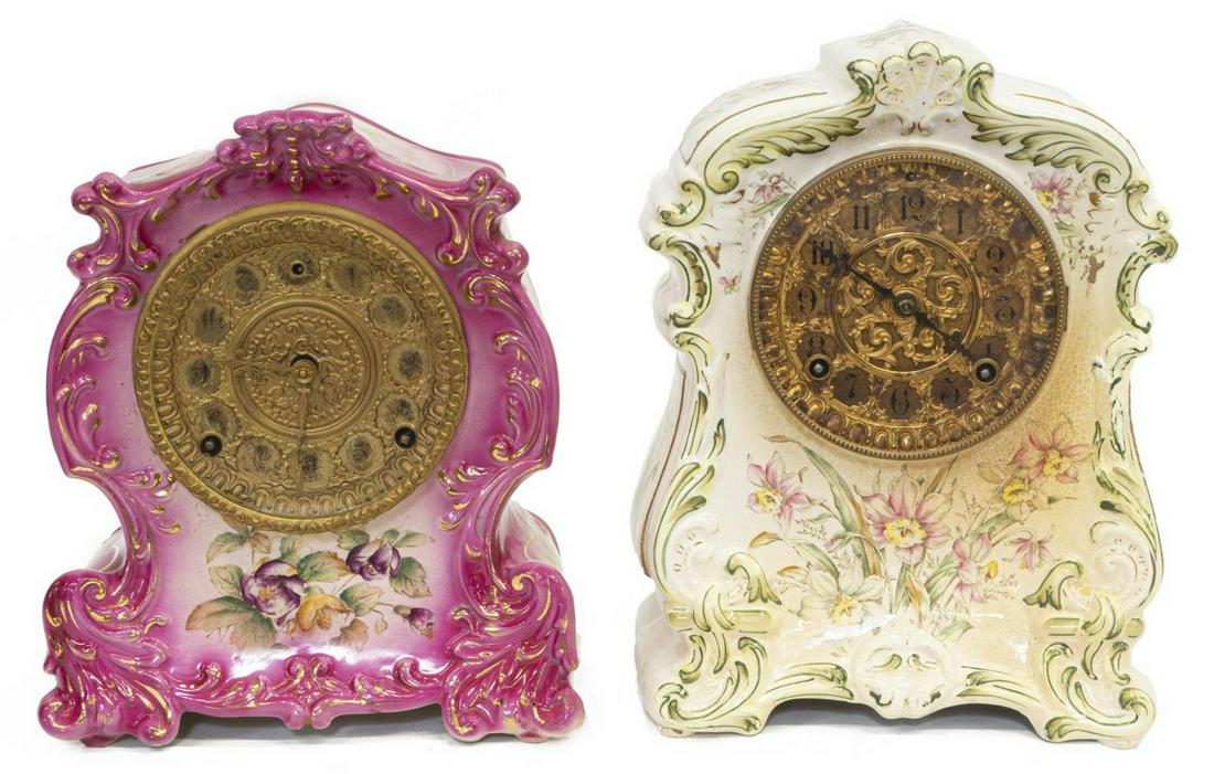 (2) ROCOCO STYLE PORCELAIN SHELF CLOCKS: (lot of 2) Rococo style porcelain mantel clocks, late 19th c., comprising: (1) pink demi porcelain clock with floral and foliate decoration, gold gilt highlights, encasing glass door front with embell