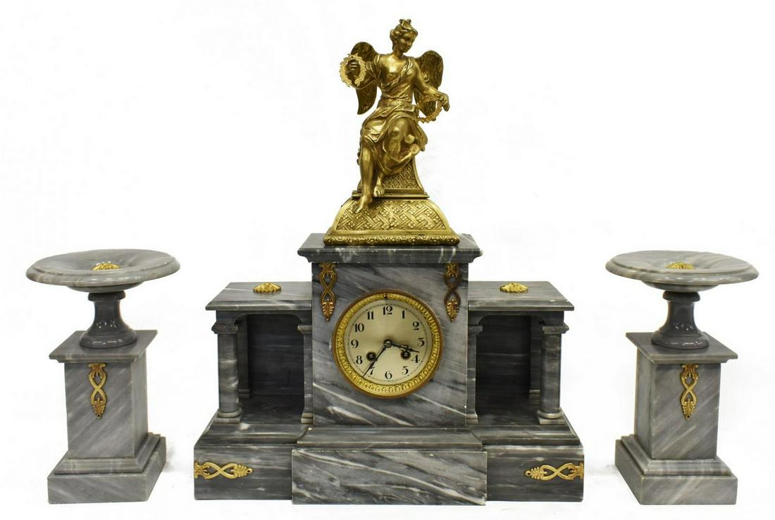(3) FRENCH BARDIGLIO MARBLE MANTEL CLOCK & TAZZA: (3 piece) French Neoclassical Bardiglio marble mantel set, late 19th c., including: (1) clock, with gilt metal figural topper of a winged female bearing laurel wreaths, over architectural case with co