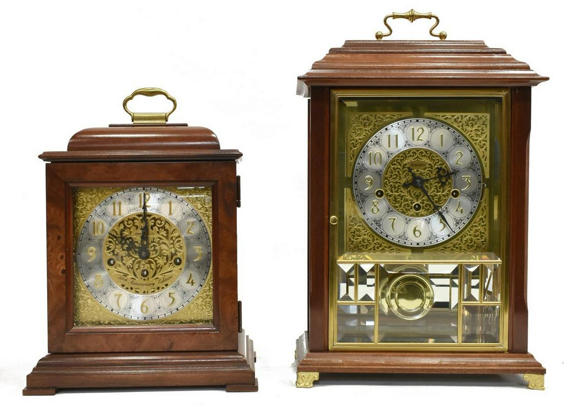 (2) HOWARD MILLER & ANSONIA BRACKET MANTEL CLOCKS: (lot of 2) Bracket mantel clocks, comprising: (1) German Howard Miller 59th Anniversary Edition clock, case with gilt metal top handle, hinged glass door, housing gilt and silver-tone metal dial with 