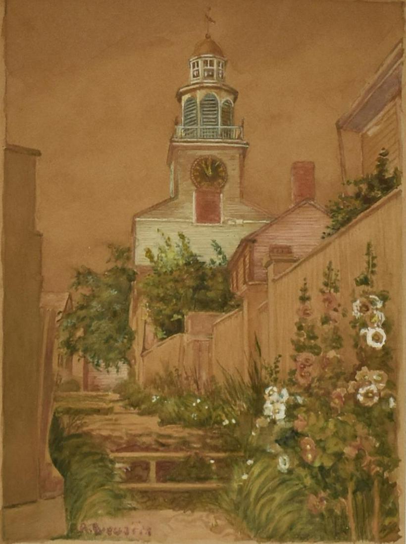 ANNA RICHARDS BREWSTER (D.1952) WATERCOLOR: Framed watercolor and gouache painting on paper, Clock Tower, signed lower left A.R. Brewster (Anna Mary Richards Brewster, American, 1870-1952), sight: approx 7"h, 5.25"w, overall: approx 13.75"h, 12