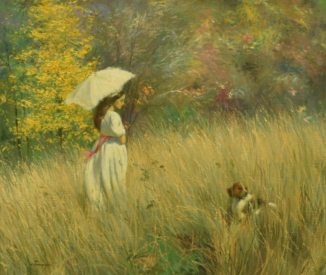 RICHARD EARL THOMPSON (1914-1991) WOMAN W/ DOG: Framed oil on canvas painting, "Edge of the Woods," signed lower left Thompson (Richard Earl Thompson, Illinois, Wisconsin, 1914-1991), titled on printed label at back stretcher, sight: approx 19.5"h,