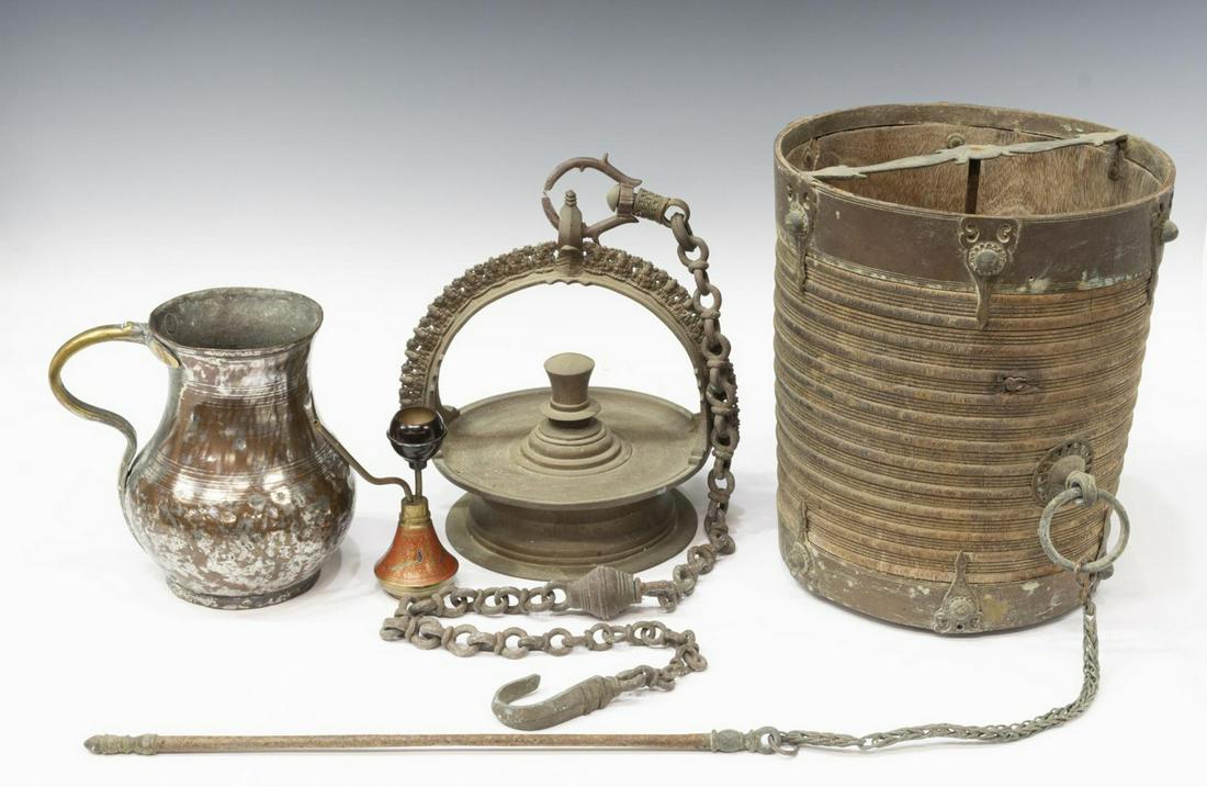 (4) INDIA HANGING LAMP & RICE BUCKET, COPPER JUG: (lot of 4) Metalware, including: (1) Thooku Vilakku hanging temple lamp, India, approx 10"h, 9.5"w (measurements not including chain), (1) metal-clad wood rice bucket, India, approx 11.5"h, 10"diam, (