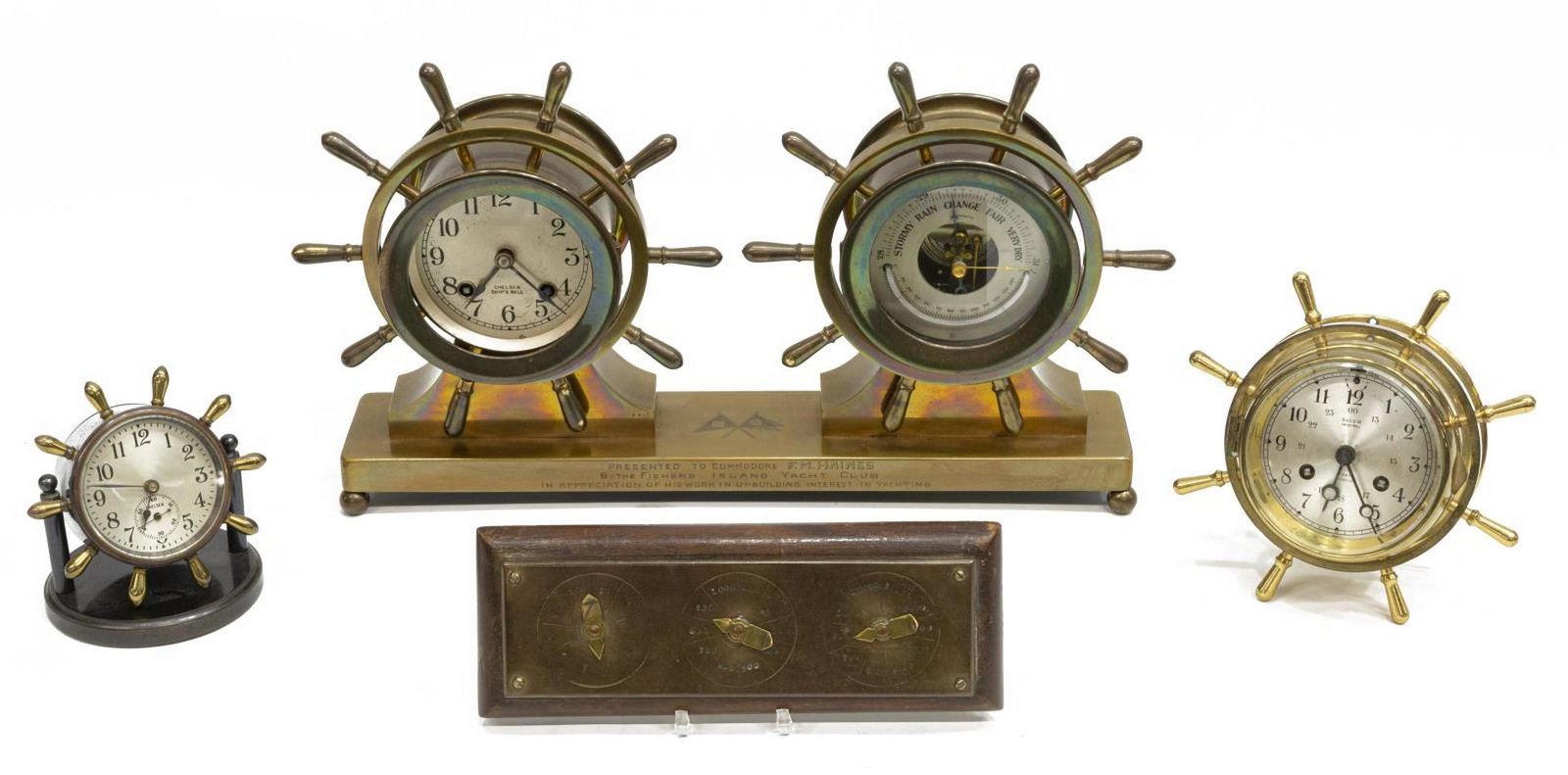 (4) NAUTICAL SHIP'S WHEEL MANTEL CLOCKS & TOOL: (lot of 4) Nautical ship mantel clocks, 20th c., all housed in case in the form of a ship's wheel, comprising: (1) German Salem ships bell, 8 day jeweled clock, with time and strike movements, hinged 