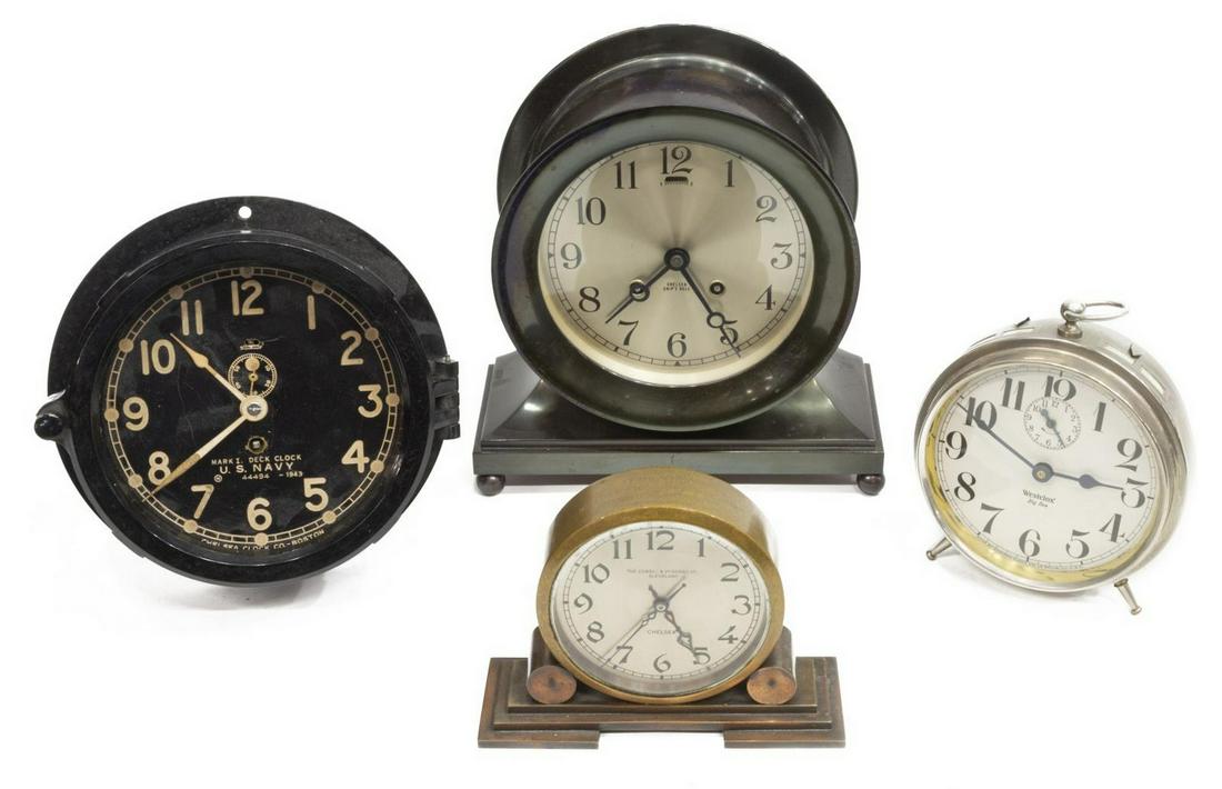 (4) CHELSEA & WESTCLOX BIG BEN ASSORTED CLOCKS: (lot of 4) Ship mantel and other clocks, early 20th c., each having Arabic numerals, comprising: (1) Westclox Big Ben Style 1 alarm clock, c.1915-1917, housed in round nickel case, having ring to top,