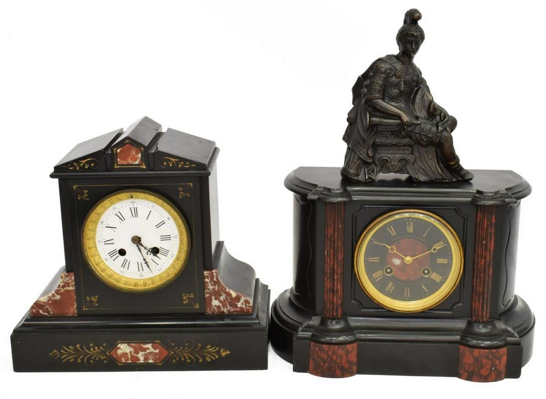 (2) FRENCH BLACK SLATE & RED MARBLE MANTEL CLOCKS: (lot of 2) French marble mantel clocks, late 19th c., including: (1) black slate and red marble case with fluted half columns, patinated metal figural topper of a soldier, dial with gilt roman numeral