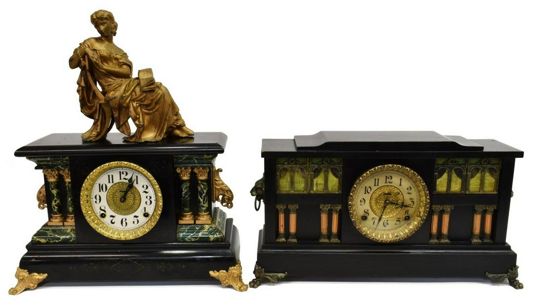 (2) AMERICAN INGRAHAM MANTEL SHELF CLOCKS, PALACE: (lot of 2) American mantel shelf clocks, Ingraham, early 20th c., including: (1) "Palace" clock, black case with architectural details, paper chapter ring with Arabic numerals, time and strike movemen