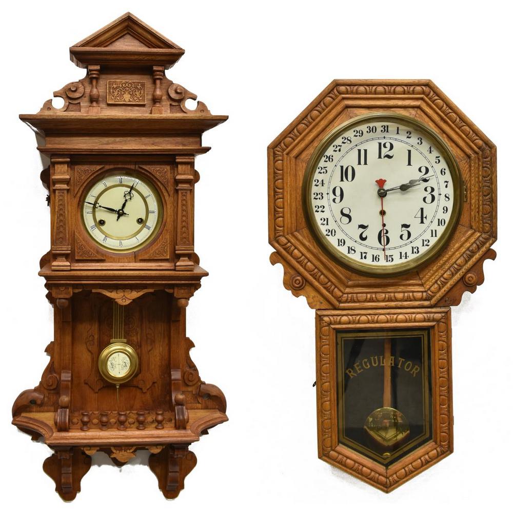 (2) VICTORIAN STYLE & REGULATOR WALL CLOCKS: (lot of 2) Wall clocks, including: (1) Victorian style wall clock, late 20th c., with triangular pediment, wood case housing enamel dial with roman numerals, time and strike movement marked as picture