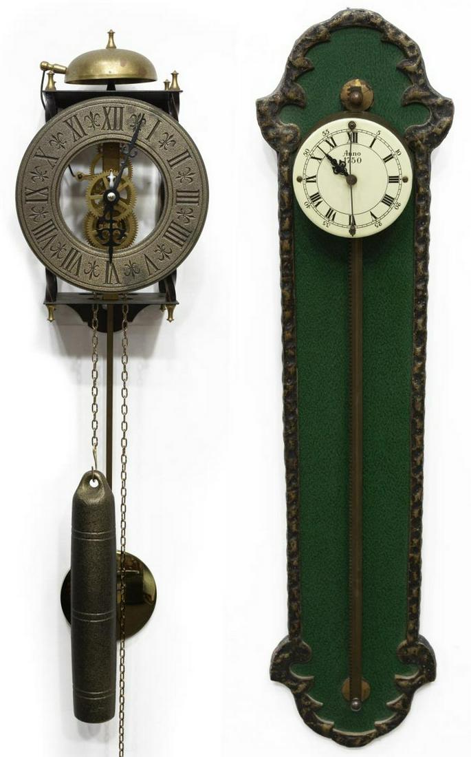 (2) SKELETON & GERMAN SAWTOOTH GRAVITY WALL CLOCKS: (lot of 2) Wall clocks, 20th c., including: (1) skeleton clock, chapter ring with roman numerals, exposed movement and top bell, accompanied by (one) weight and pendulum, approx 8.5"h, 5.5"w, 3.75"d,