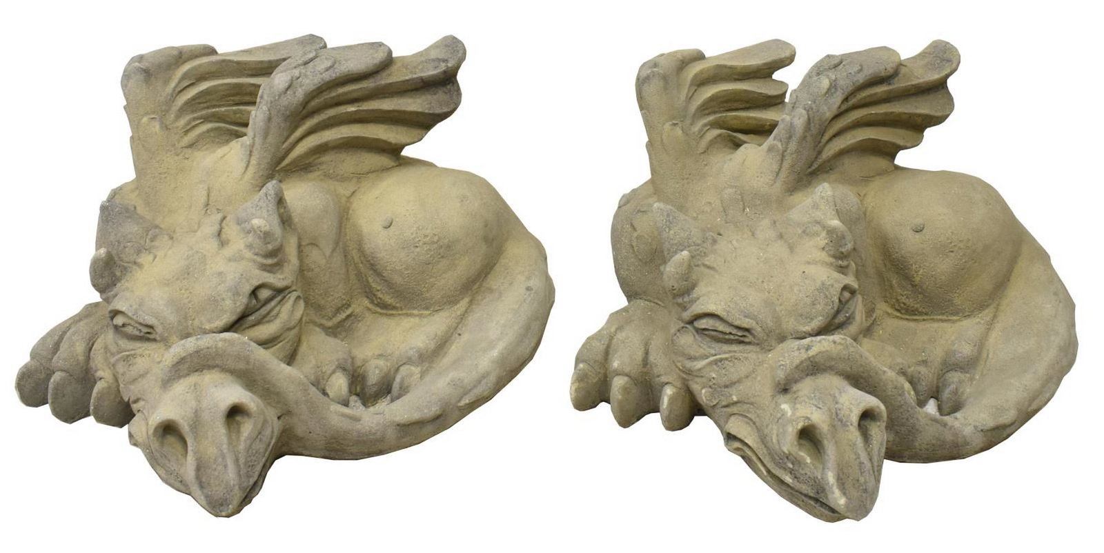 (2) GARDEN STATUARY CAST STONE RECLINING DRAGONS: (lot of 2) Cast stone garden statuary, reclining dragons, each with tail curved to rest on snout, wings slightly raised, approx 7.5"h, 16"w, 17.5"d Start Price: $80.00